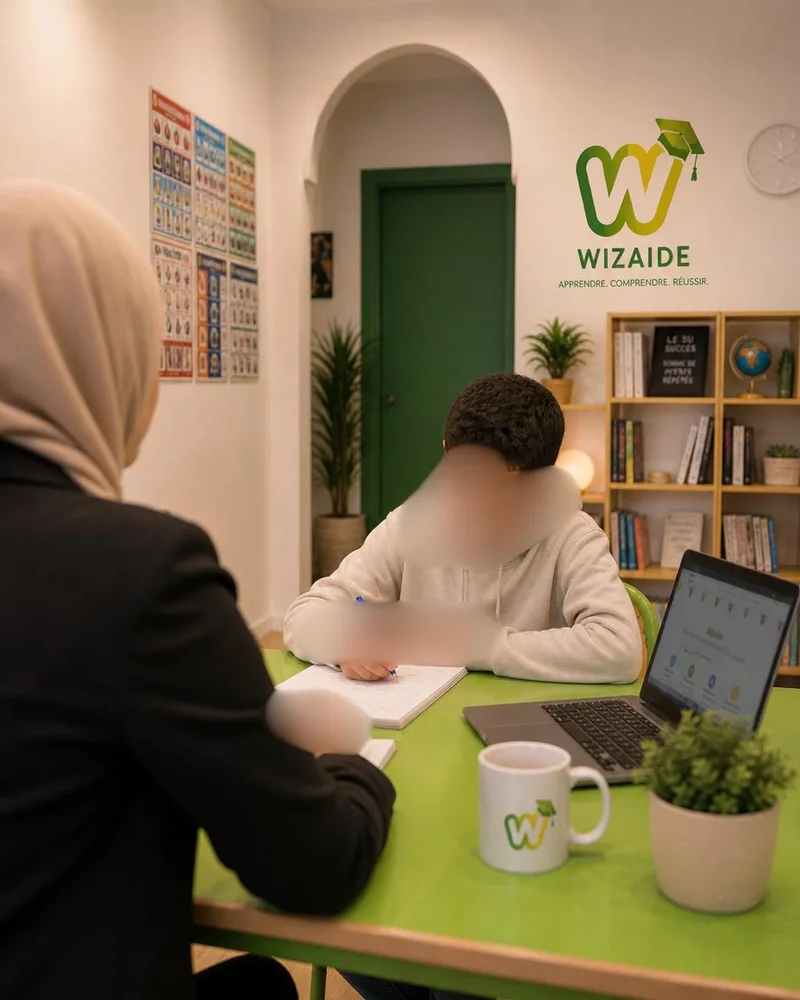 Session de coaching scolaire au Centre WizAide à Marrakech — coach et élève en travail individualisé devant le mur Wizaide