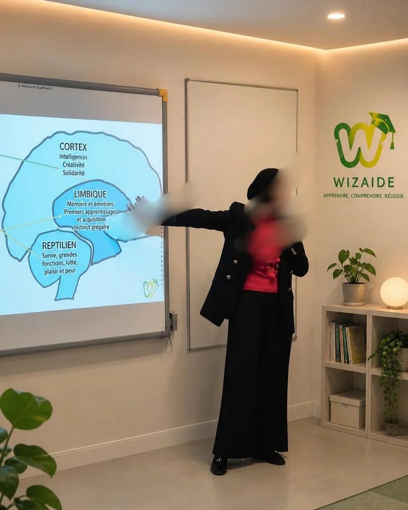 Formatrice Wiz-Teachers expliquant les 3 cerveaux (cortex, limbique, reptilien) lors d'une session pédagogie active aux enseignants — Centre WizAide Marrakech