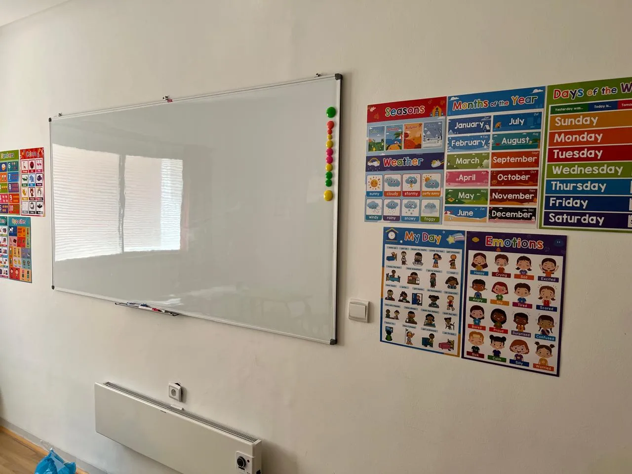 Salle d'anglais Wizaide : grand tableau blanc magnétique et posters Days of the Week, Months of the Year, Emotions.