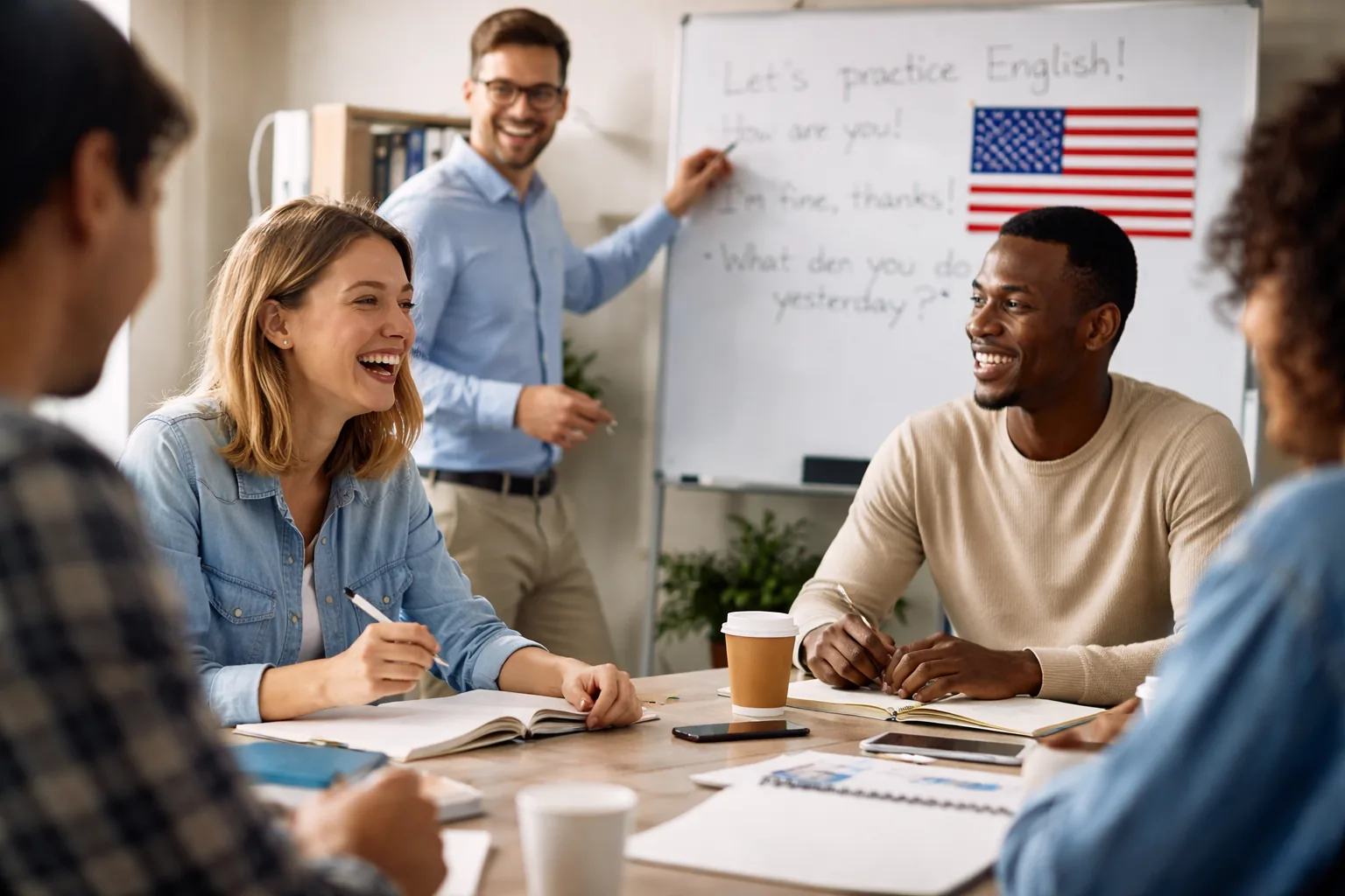 Apprenants échangeant en anglais dans un cadre pédagogique interactif inspiré de la méthode américaine